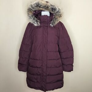 Lands' End Goose Down Puffer Coat Hooded Faux Fur Burgundy